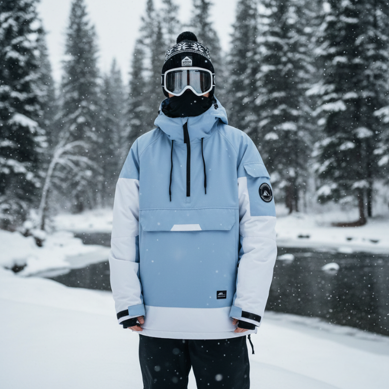 Hooded Ski Jacket - Half-Zip Snowboard Anorak-Frozenoir-Sky Blue-s-