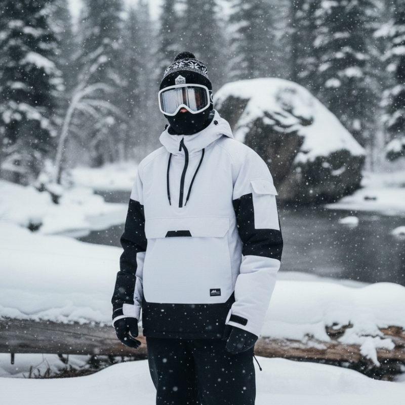 Hooded Ski Jacket - Half-Zip Snowboard Anorak-Frozenoir-White-s-