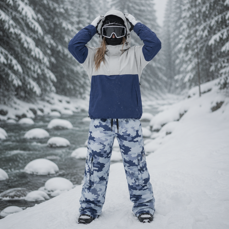 Combinaison de snowboard pour femme - Veste anorak à enfiler et pantalon de ski camouflage - Tenue de ski imperméable