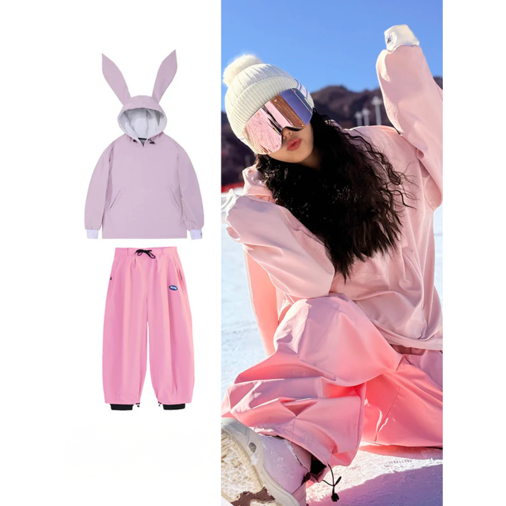 Wasserdichter Snowboardanzug Damen - Süßer Hasenohren-Anorak und Hose
