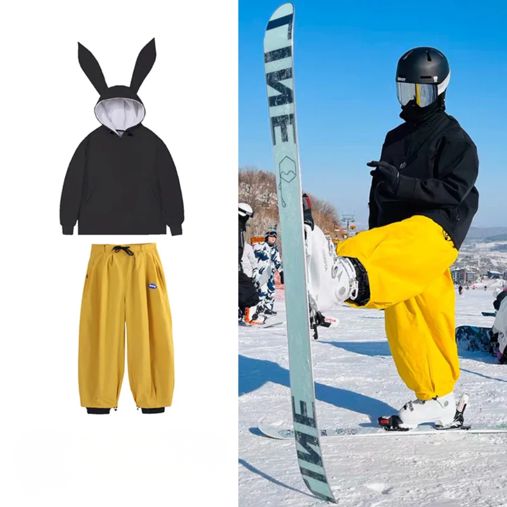 Combinaison de snowboard imperméable pour femme - Veste anorak à oreilles de lapin mignonnes et pantalon