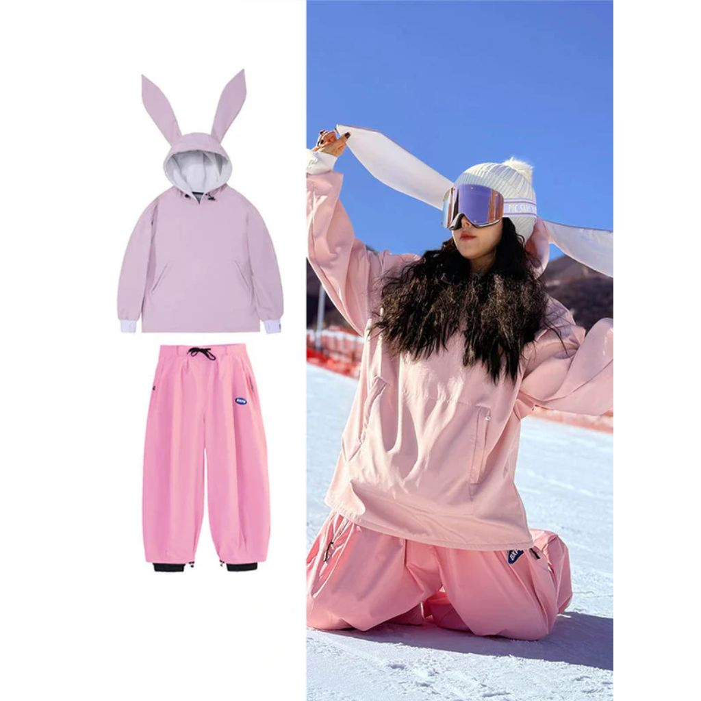 Combinaison de snowboard imperméable pour femme - Veste anorak à oreilles de lapin mignonnes et pantalon