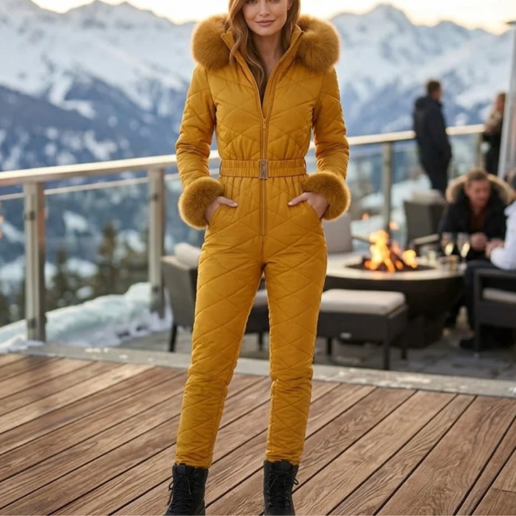 Women's One-Piece Ski Suit - Quilted with Faux Fur Trim