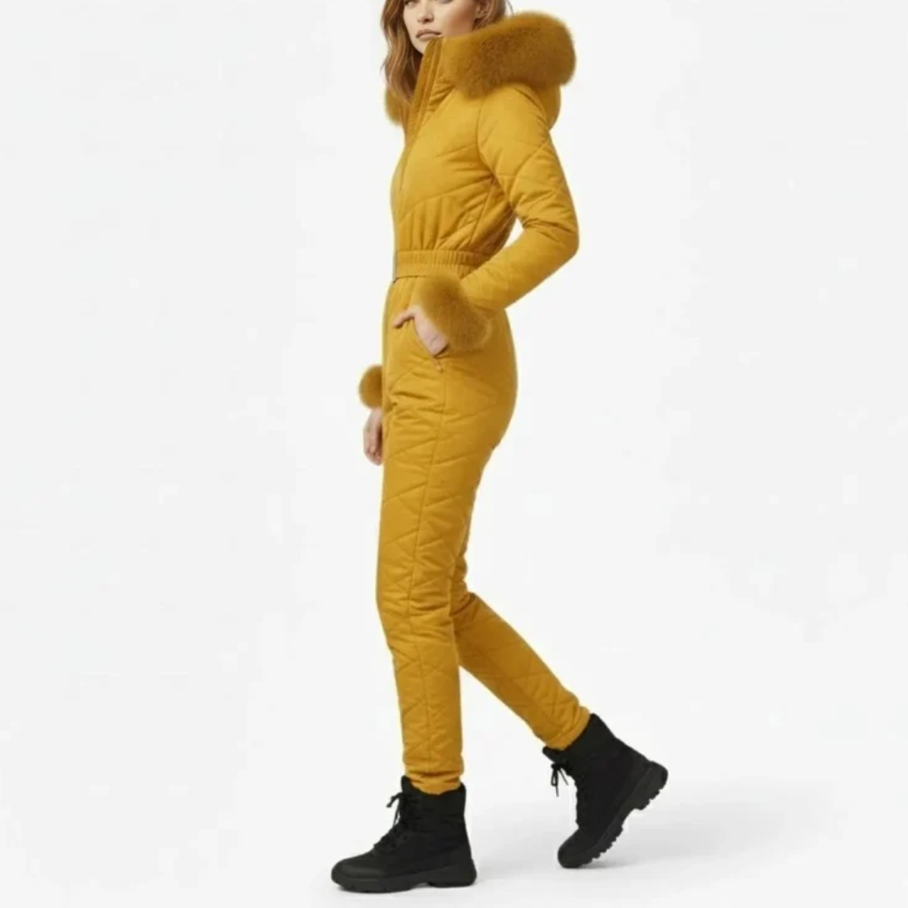 Women's One-Piece Ski Suit - Quilted with Faux Fur Trim