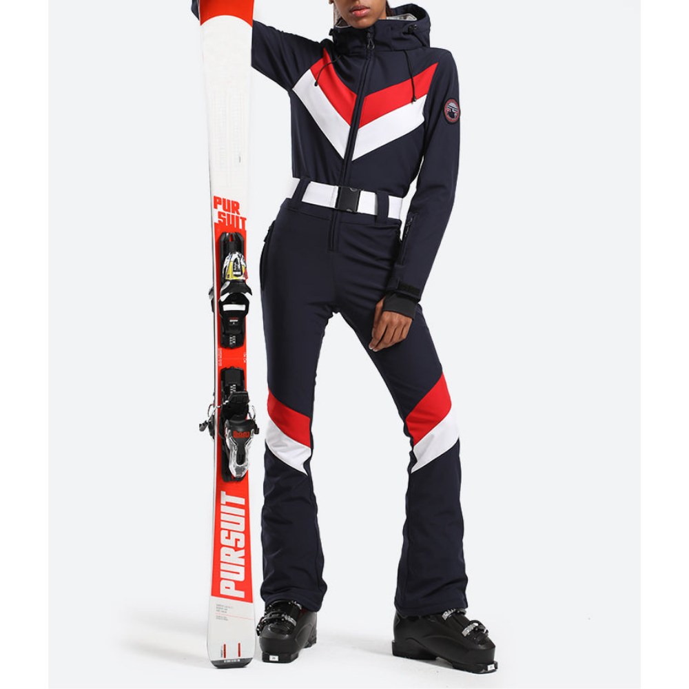 Women's One Piece Ski Suit - Striped & Hooded for Ladies-Frozenoir-