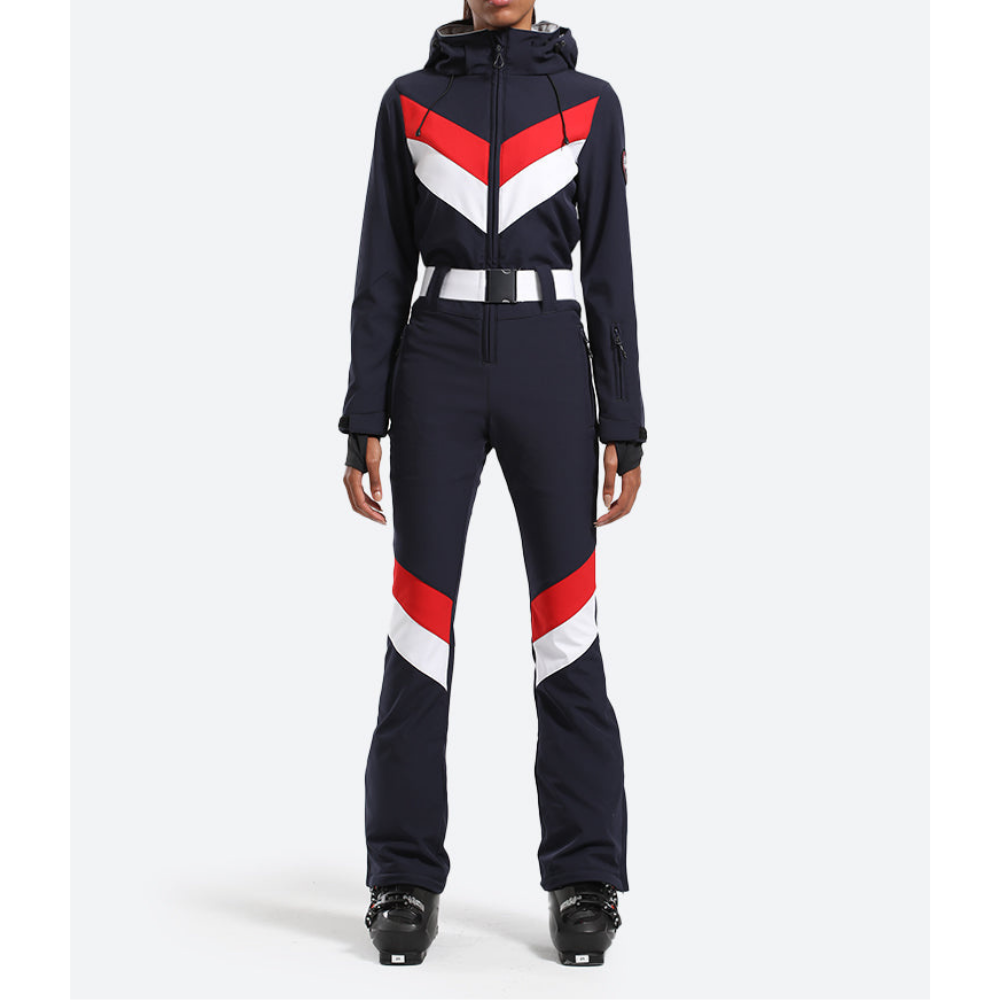 Women's One Piece Ski Suit - Striped & Hooded for Ladies-Frozenoir-