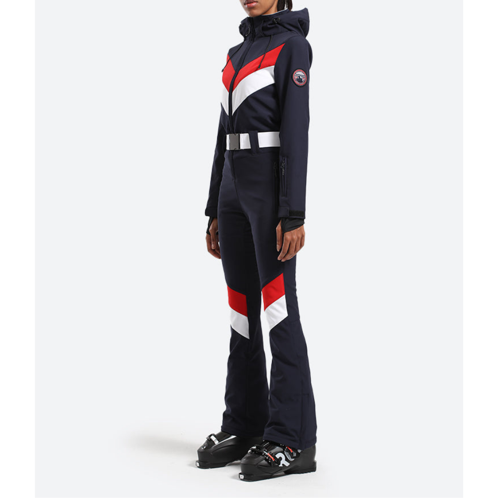 Women's One Piece Ski Suit - Striped & Hooded for Ladies-Frozenoir-
