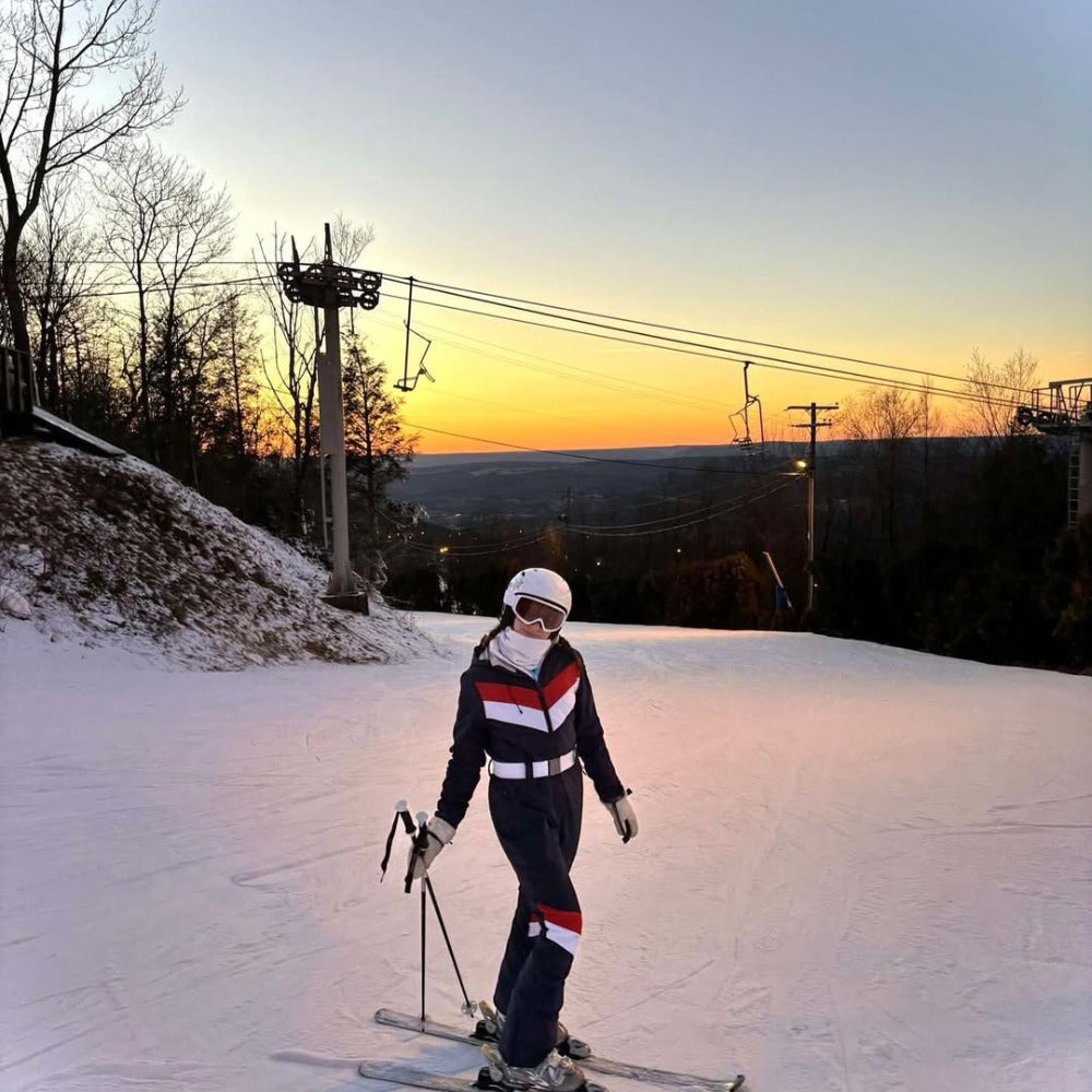 Women's One Piece Ski Suit - Striped & Hooded for Ladies-Frozenoir-