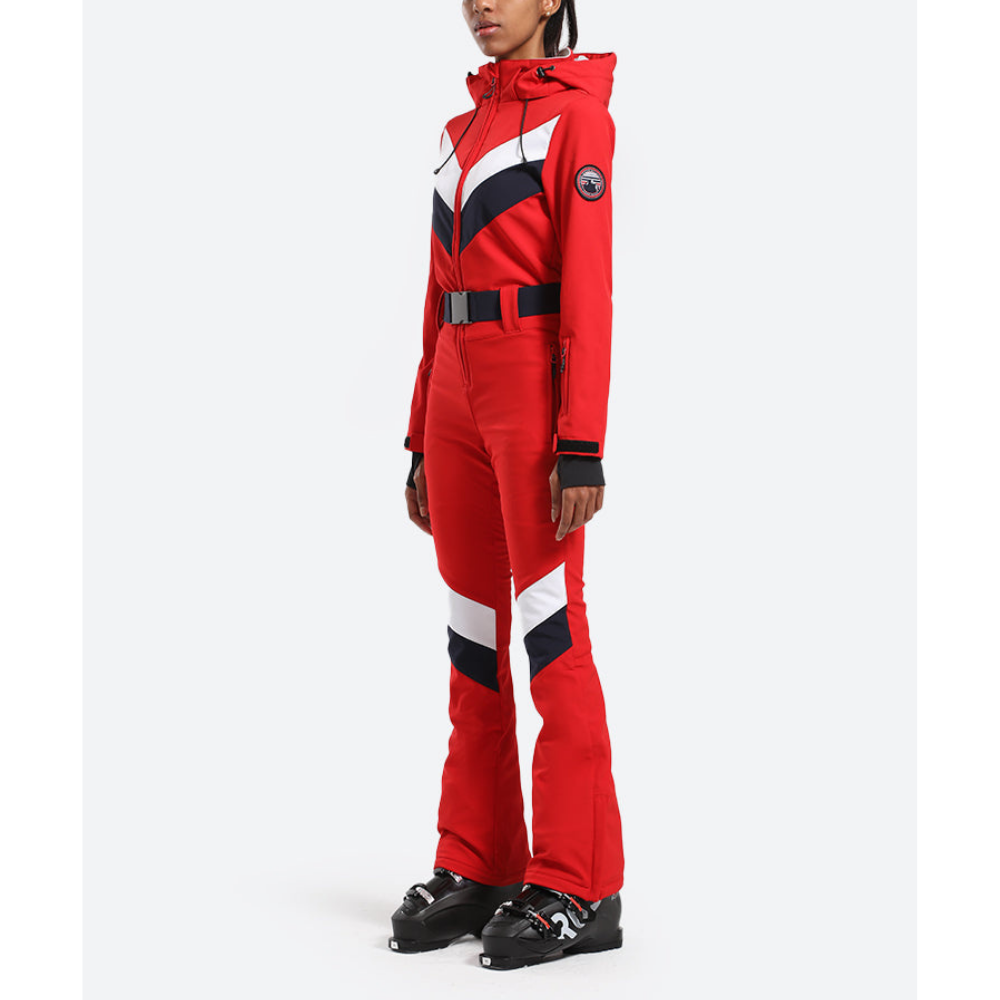 Women's One Piece Ski Suit - Striped & Hooded for Ladies-Frozenoir-