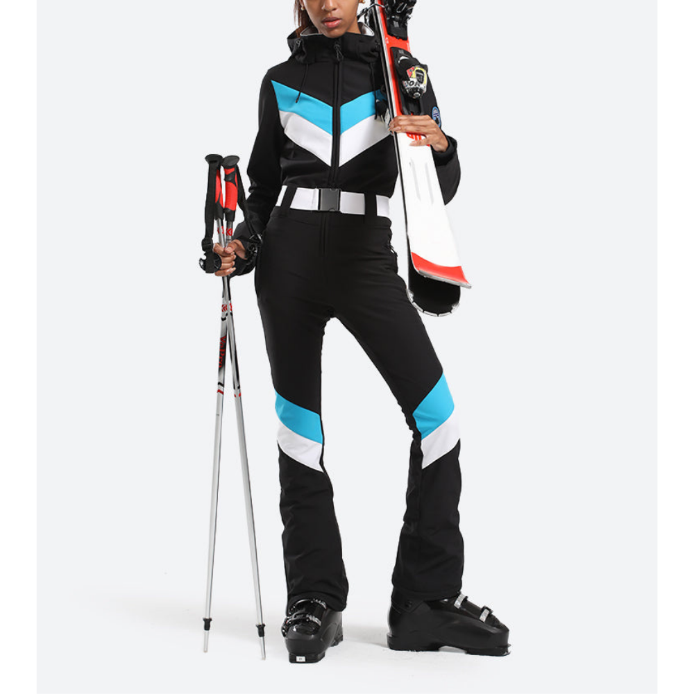Women's One Piece Ski Suit - Striped & Hooded for Ladies-Frozenoir-Black-xs-