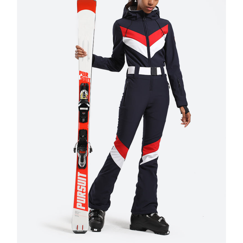 Women's One Piece Ski Suit - Striped & Hooded for Ladies-Frozenoir-Dark Blue-xs-
