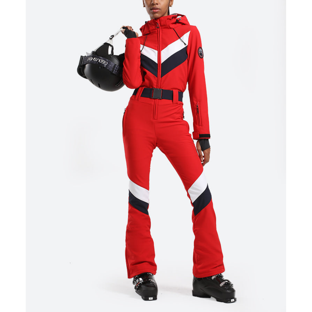 Women's One Piece Ski Suit - Striped & Hooded for Ladies-Frozenoir-Red-xs-