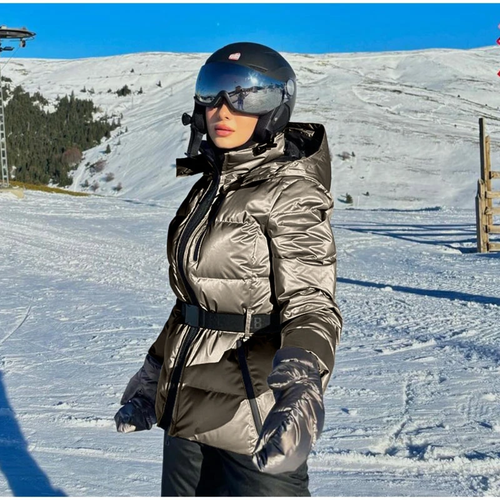 Women's Silver Ski Jacket | Water-Resistant Belted Metallic