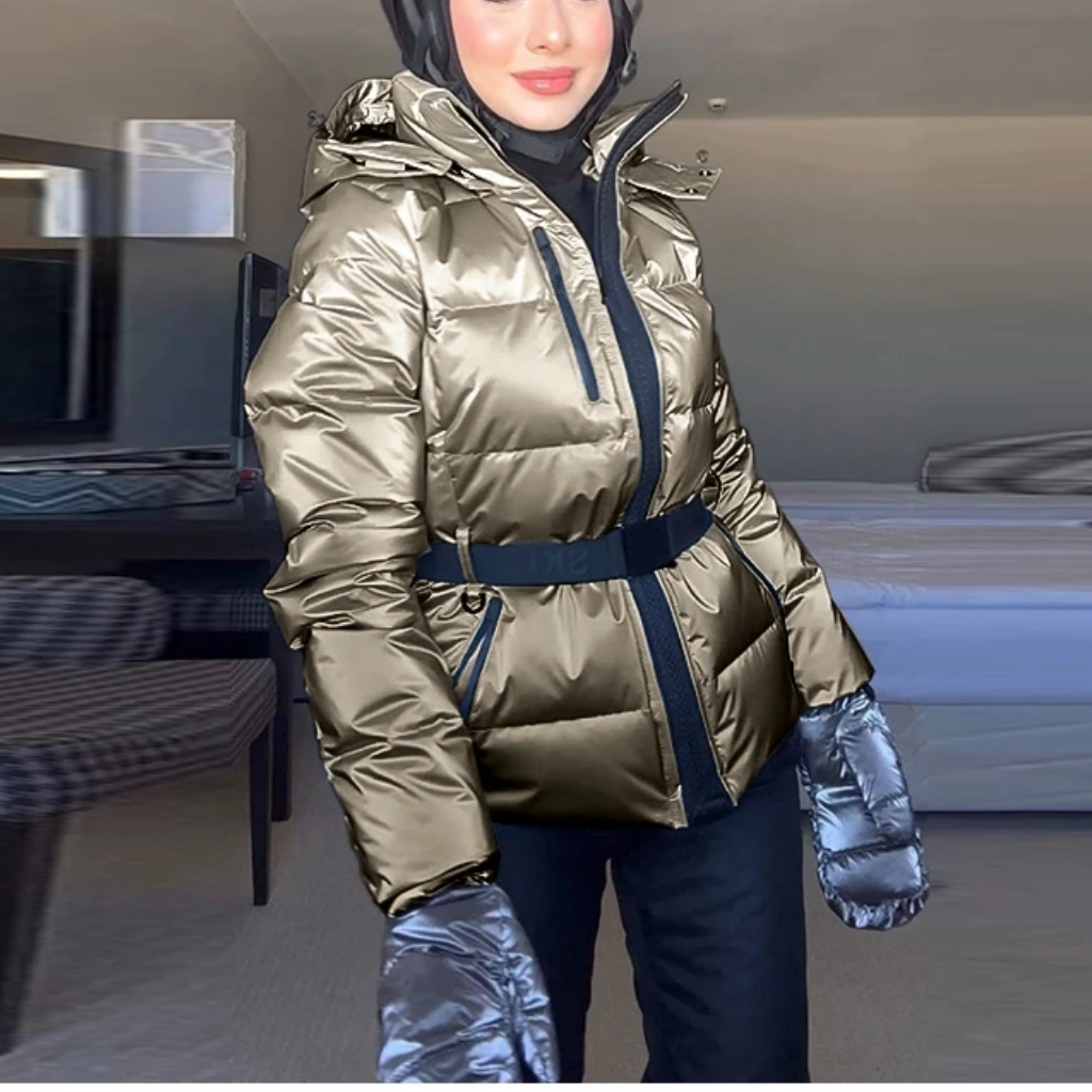 Women's Silver Ski Jacket | Water-Resistant Belted Metallic