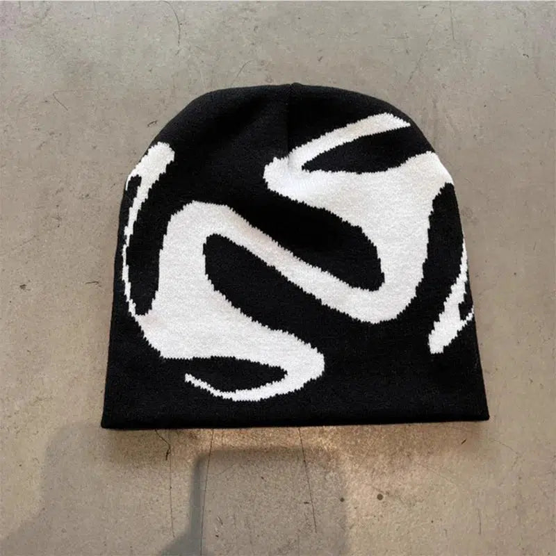 Y2K Beanie - Black & White Knit Hat (Men & Women)-Frozenoir-Black-