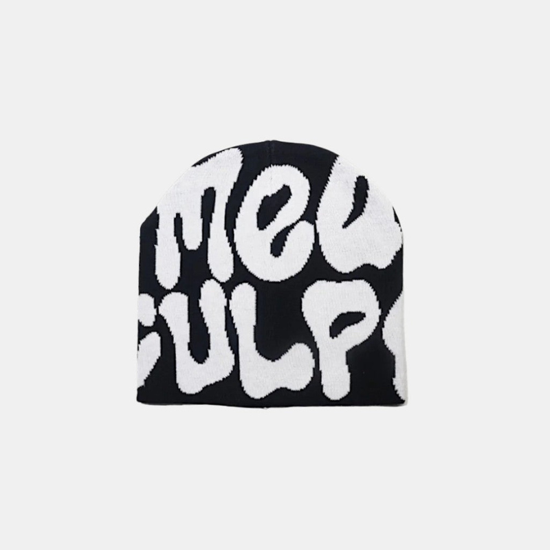 Y2K Graphic Beanie - Printed Knit Hat-Frozenoir-Black-