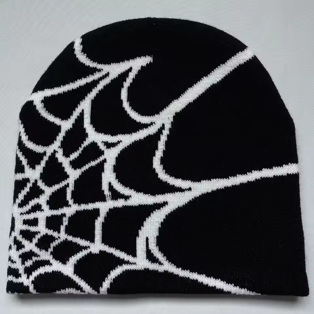 Y2K Knit Beanie - Spider Pattern for Winter-Frozenoir-Black/White-