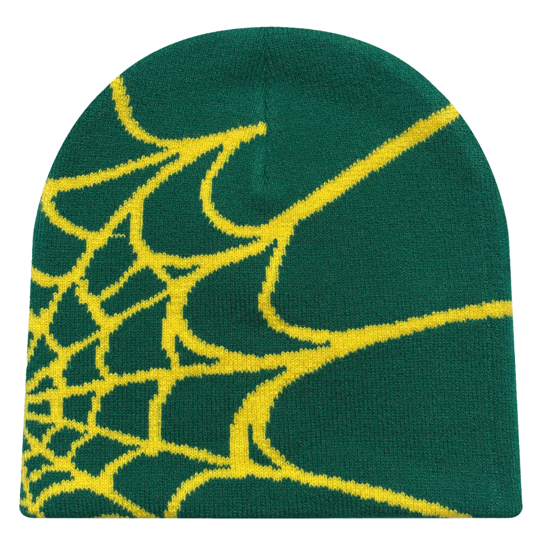 Y2K Knit Beanie - Spider Pattern for Winter-Frozenoir-Green/Yellow-